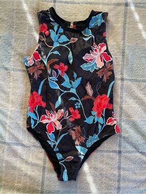 High-Neck Floral One-Piece Swimsuit in Black with Red & Blue Flowers